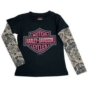 Harley-Davidson Little Girls' Glitter B&S Mesh Tattoo Long Sleeve Tee